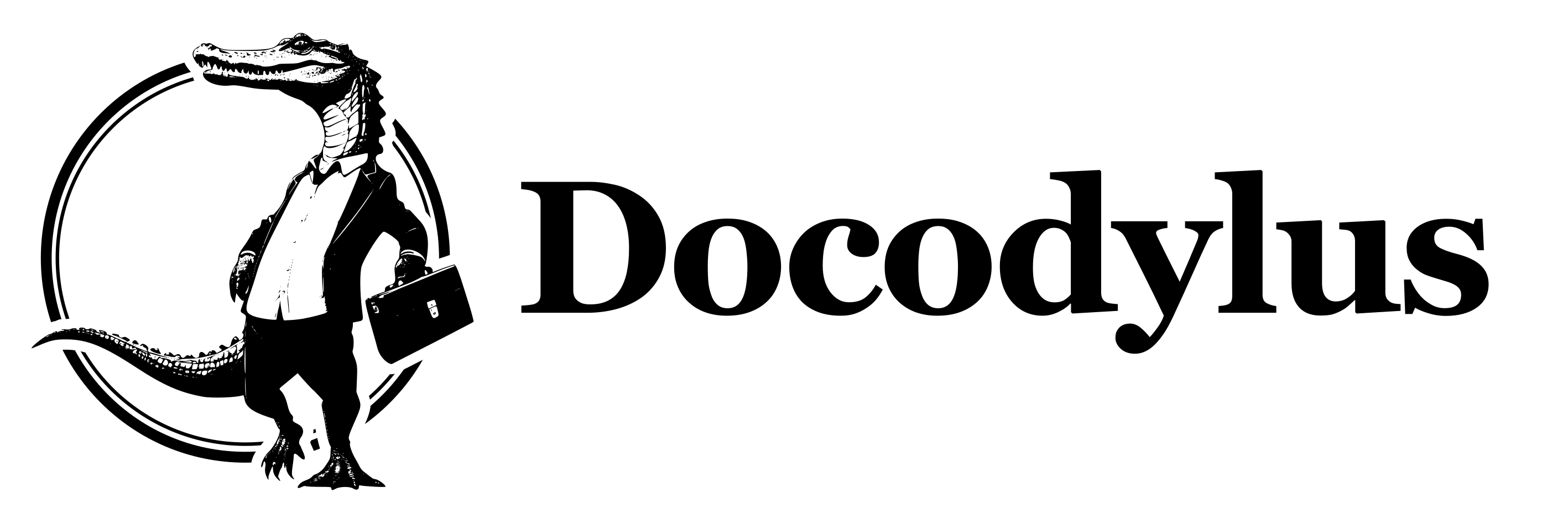 Docodylus logo - A bipedal crocodile wearing a suit and oxford shirt with no tie and the shirt untucked is carrying a briefcase. He walks with purpose, as if he is on his way to sort out your documentation for you. Next to him is the word &quot;Docodylus&quot; in a conservative but attractive serif font.