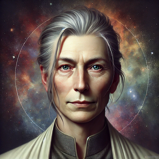 Image of the head and shoulders of a thin middle aged,
nearly androgynous woman with grey hair tied back in a pony
tail and blue eyes. She bears an expression which is direct,
but not unkind. She is wearing a robe and high-collared tunic
in neutral colors. Behind her is a backdrop resembling a
colorful nebula.