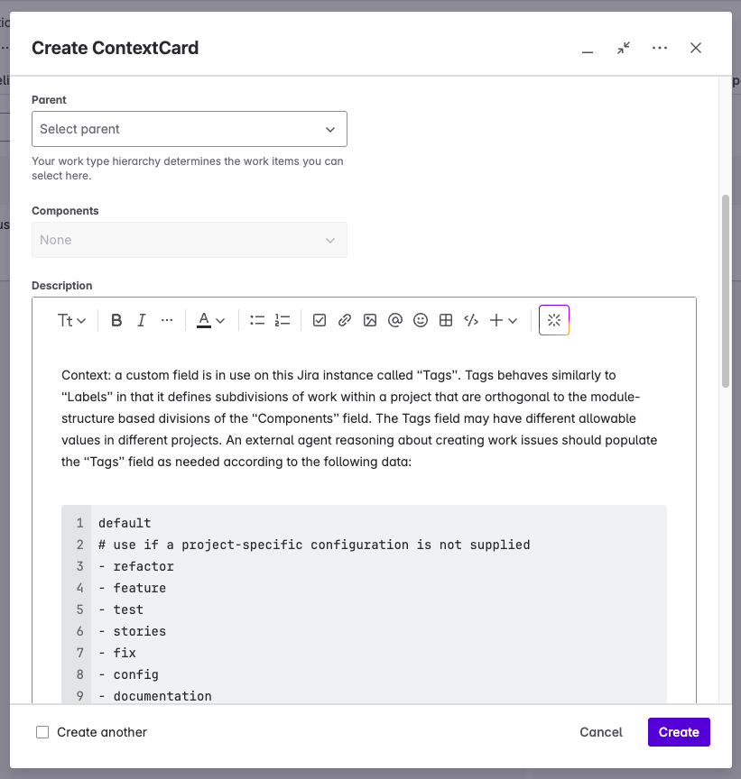 Screen capture of the custom &quot;Add Context Card&quot; screen in Jira
