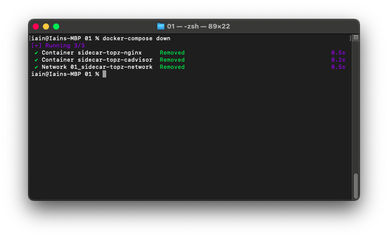 Screen capture showing output of docker-compose down