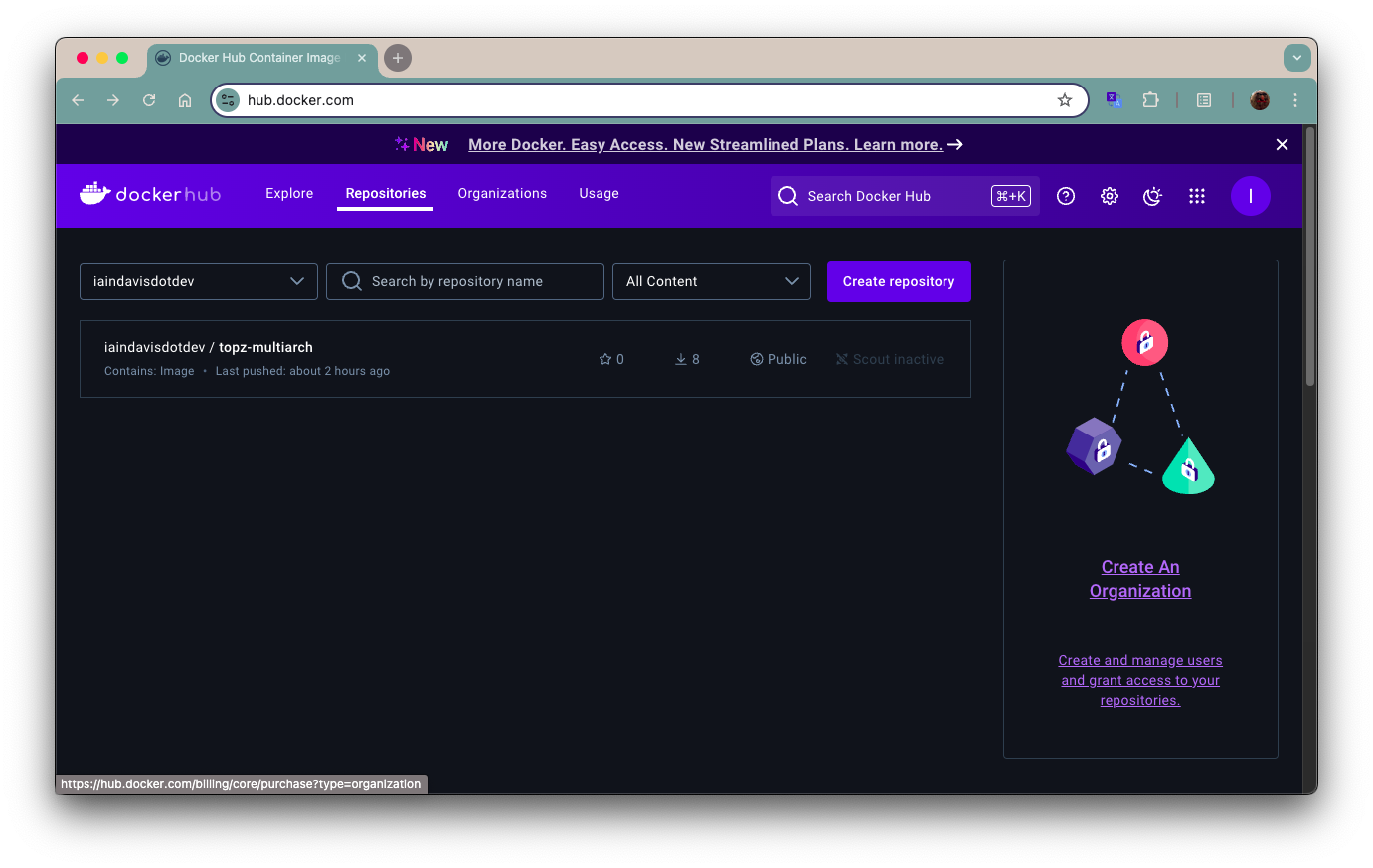 Screen capture showing newly-created multi-architecture image on Docker Hub