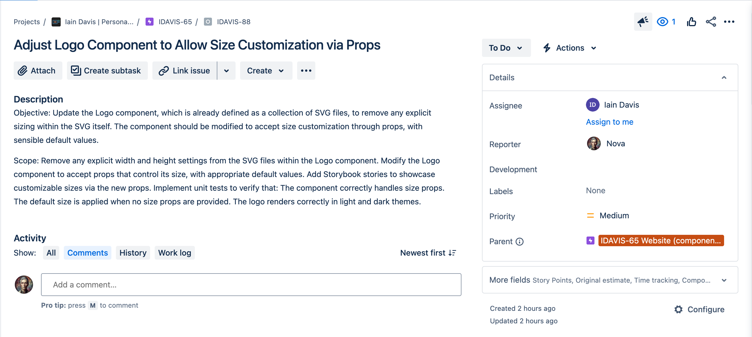 
Screen capture of a Jira Story created by Nova
