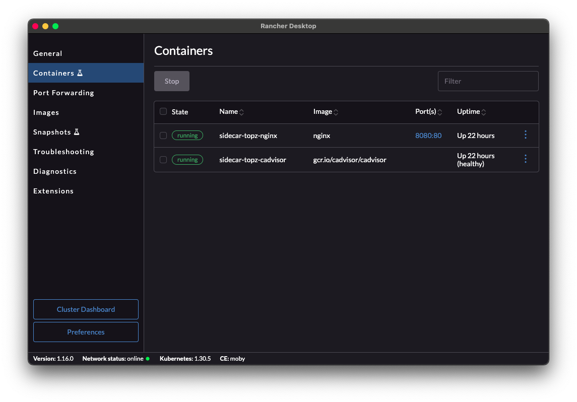 Screen capture of Rancher Desktop UI with created containers running