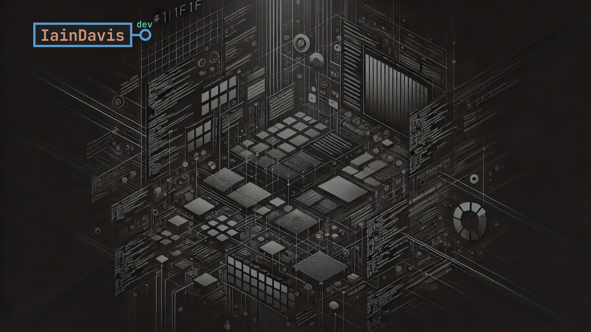 greyscale abstract image evoking aspects of software design: whiteboards, charts, sticky notes, arranged in an isometric space